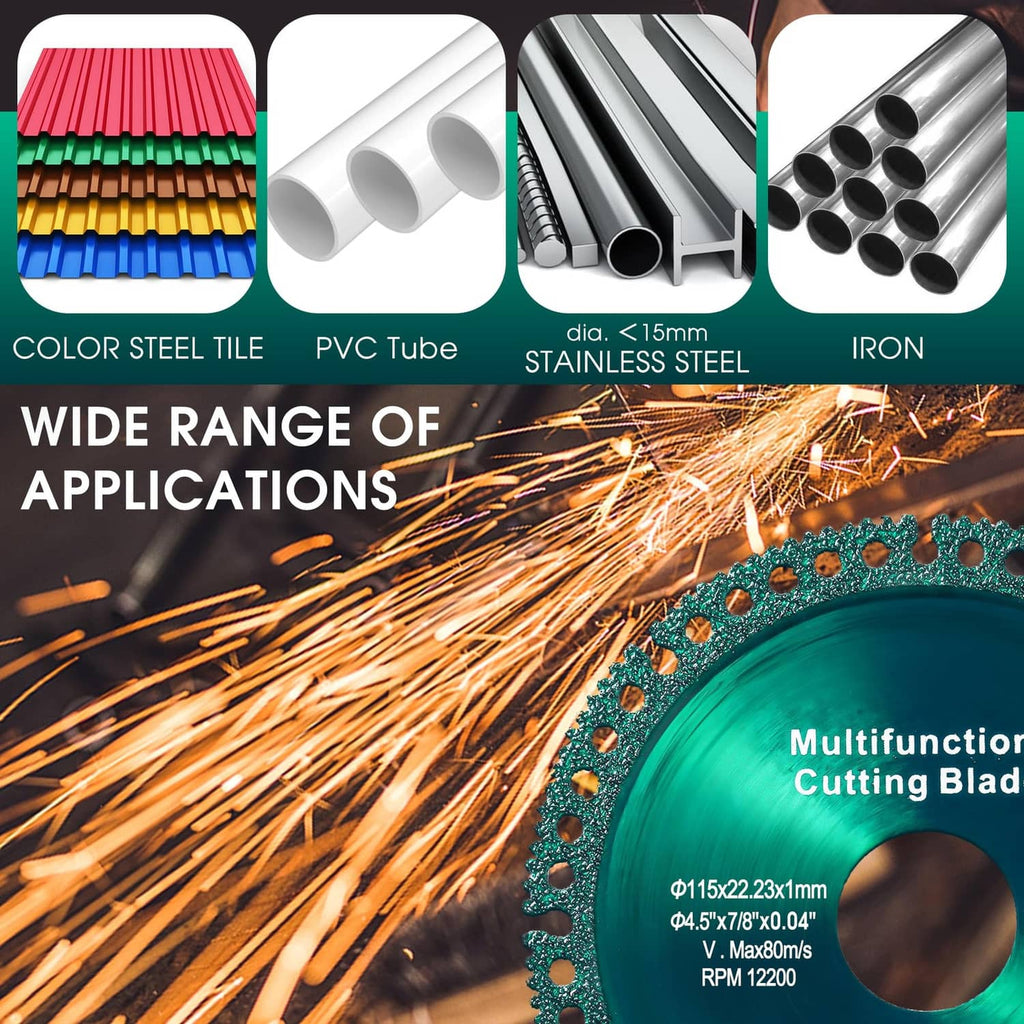 Green diamond cutting disc with application icons for color steel tile, PVC pipe, and steel
