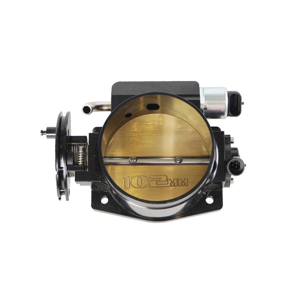 102mm aluminum throttle body with gold interior and black mounting base