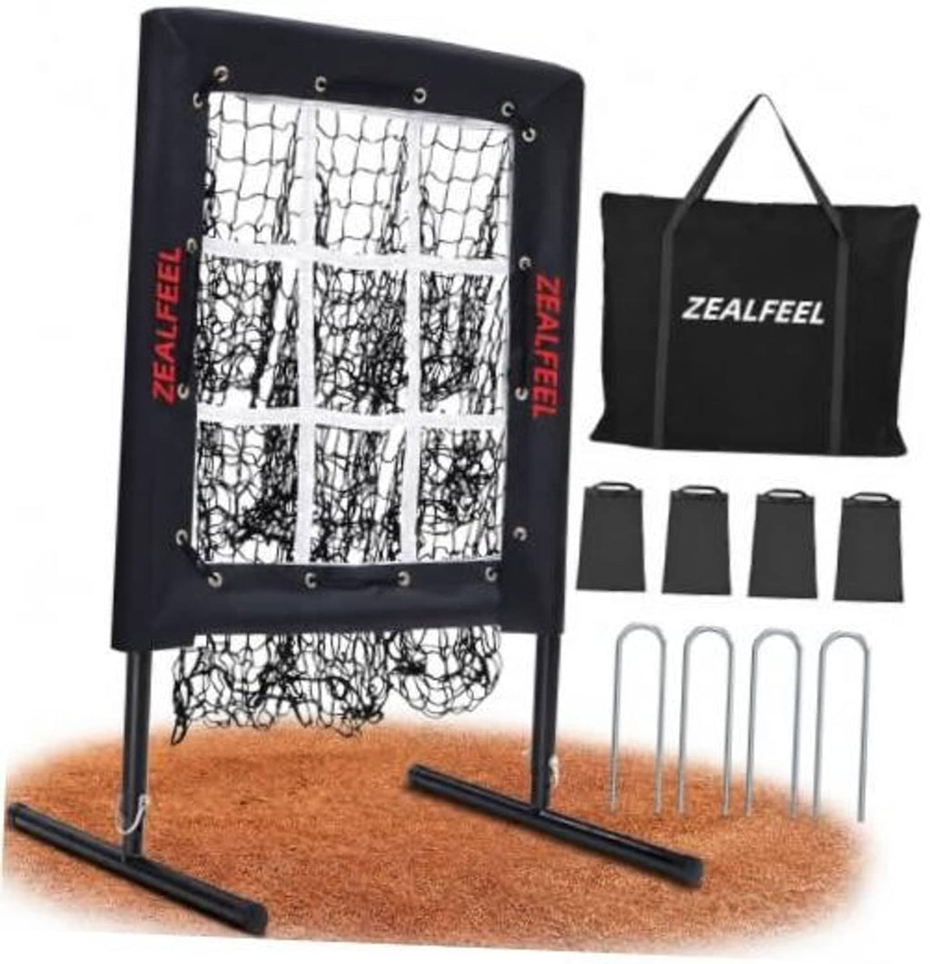 Black pitching practice net with strike zone frame, carrying bag and training stakes