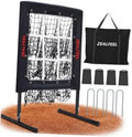 Black pitching practice net with strike zone frame, carrying bag and training stakes