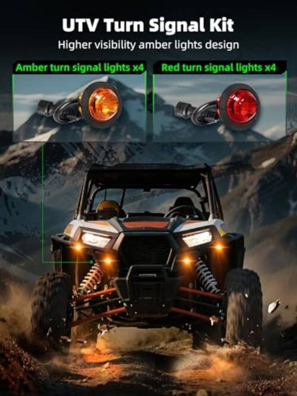 UTV turn signal kit with 4 amber and 4 red LED pods, wiring harness, horn