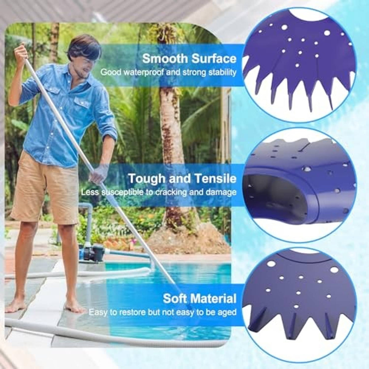 Purple finned seal disc with center hole, spiked rubber edge shown in pool use