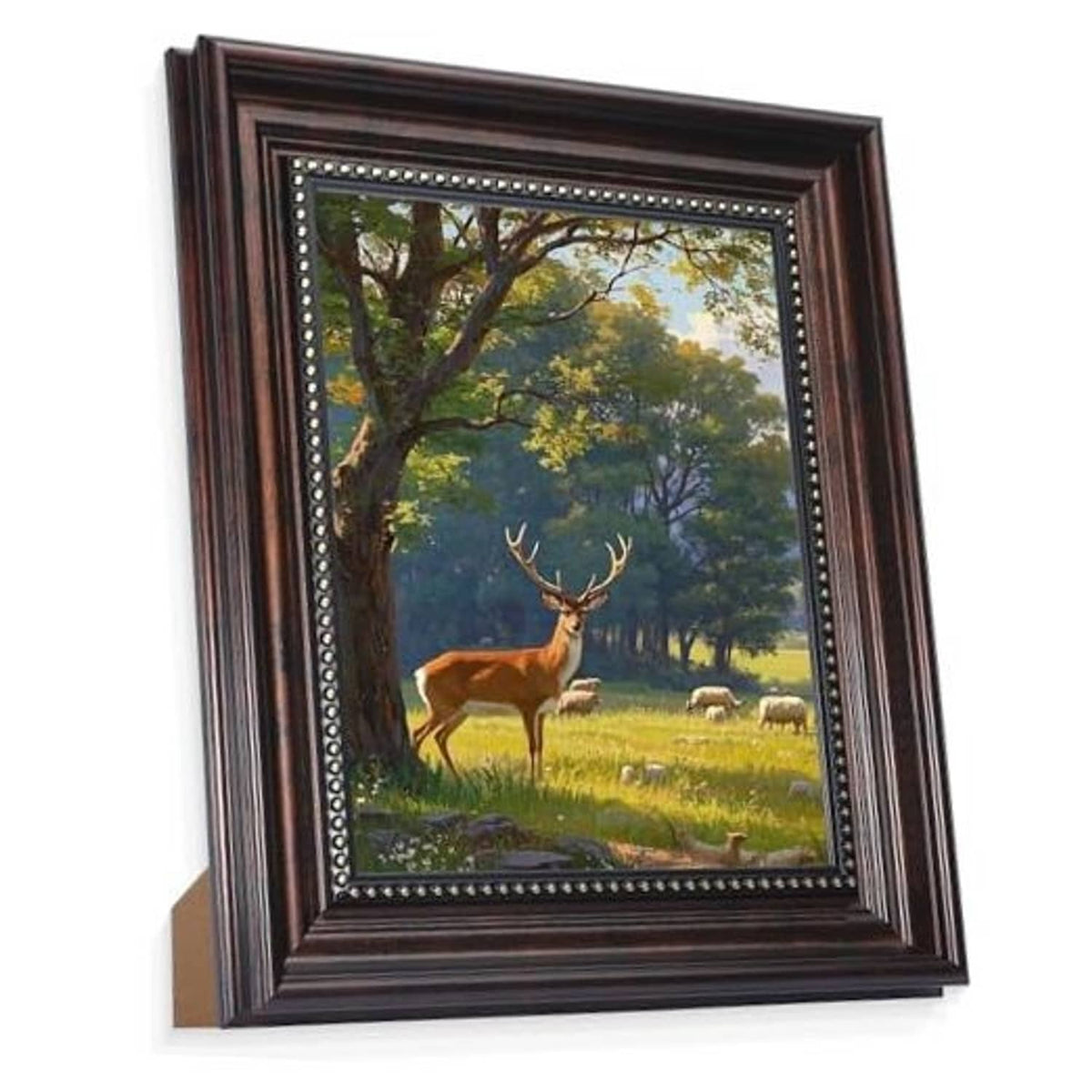Vintage black picture frame with gold bead trim, holding an 8x10 scenic deer photo.