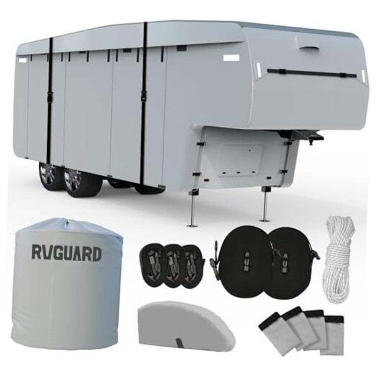 5th wheel RV cover for camper, light gray fabric with black tie-down straps