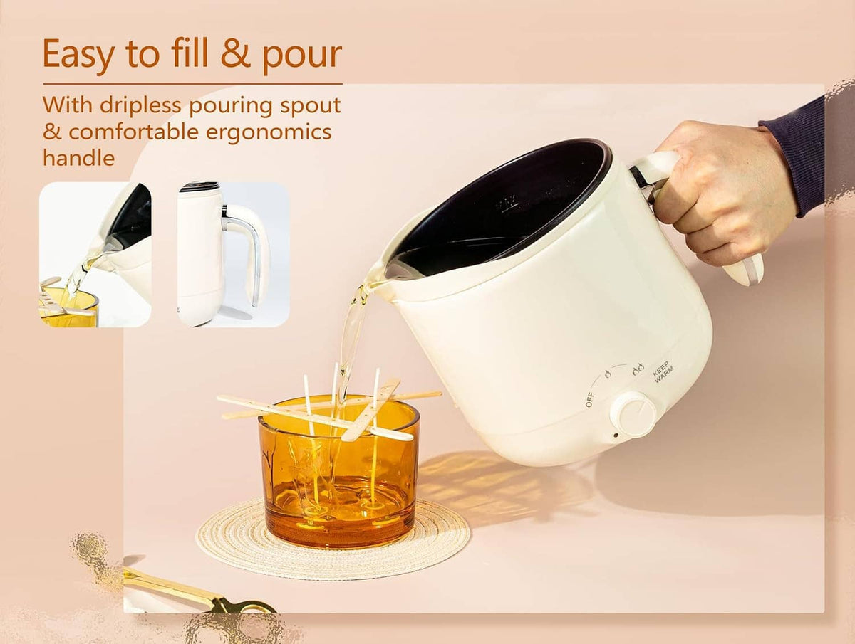 Electric wax melting pot with dripless pouring spout and side handle