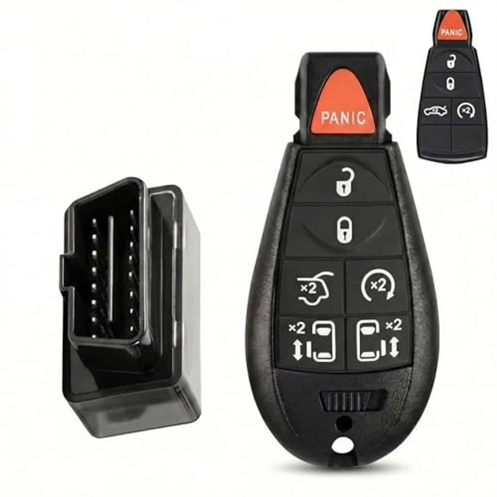 Black keyless remote fob with red PANIC button and button icons, plus spare case
