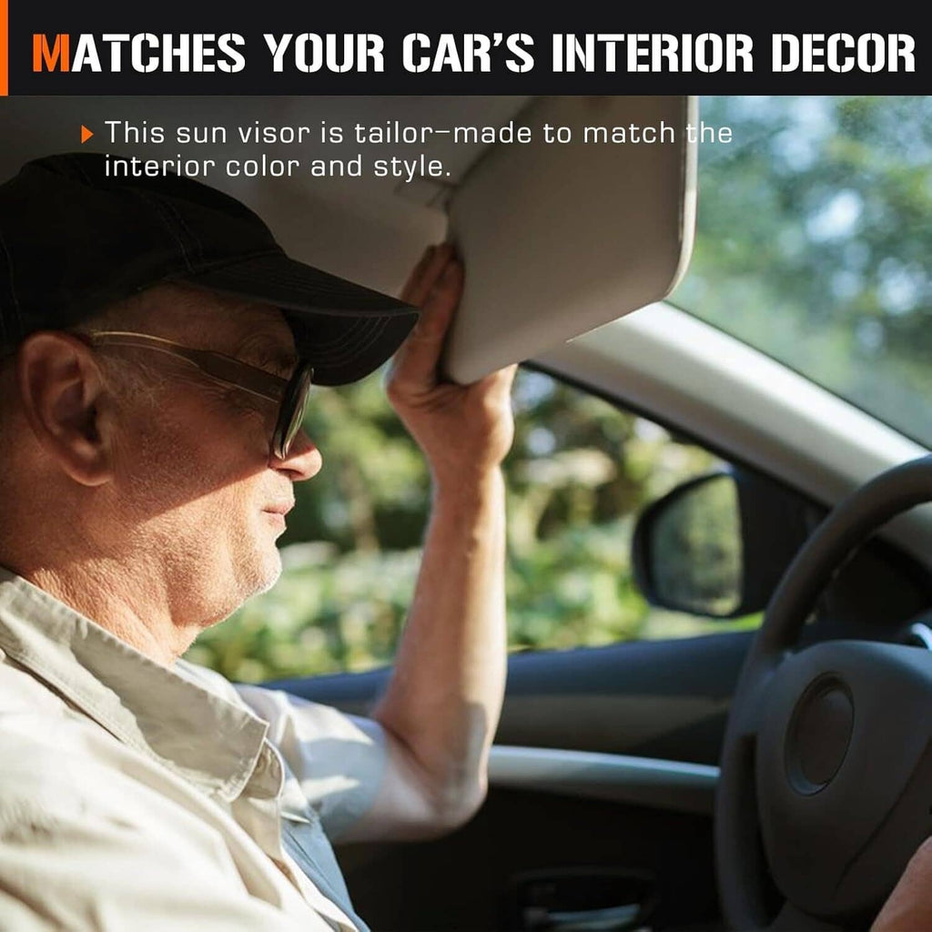 Beige car sun visor set with clips and bracket mounts, left and right