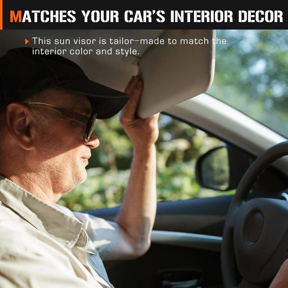 Beige car sun visor set with clips and bracket mounts, left and right