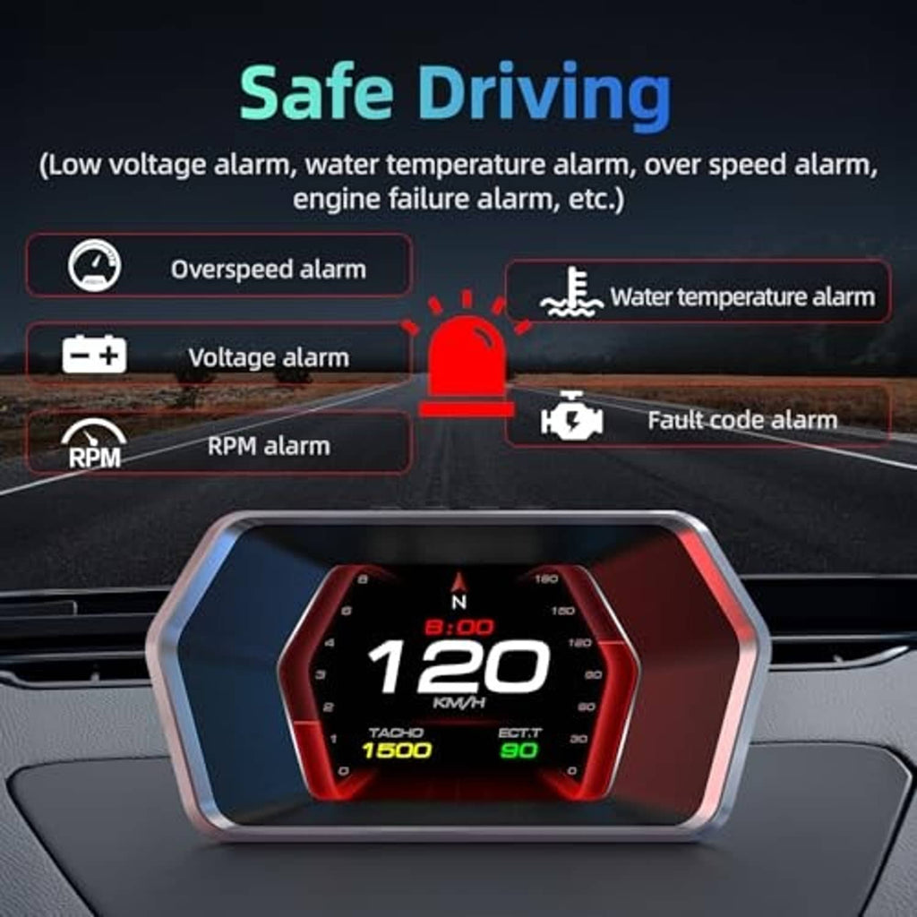 Car HUD heads-up display showing 120 km/h speed with warning icons on screen