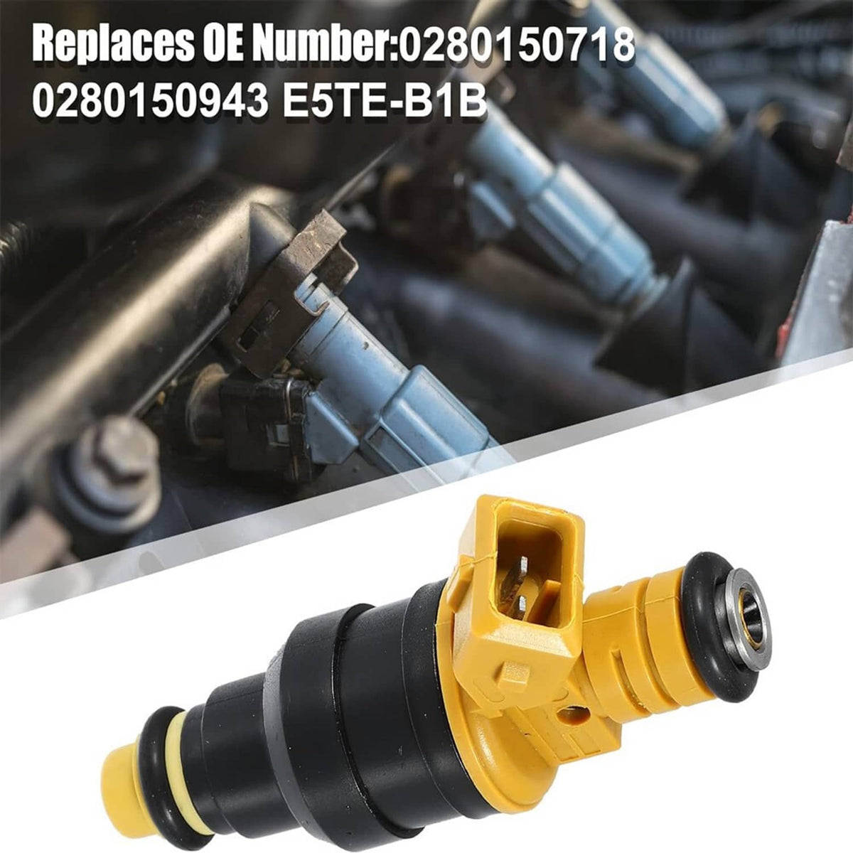 Fuel injector with orange connector and black nozzle, shown next to an engine bay
