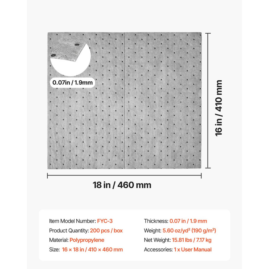 Gray absorbent pad with dotted pattern and labeled dimensions, 18 in x 14 in