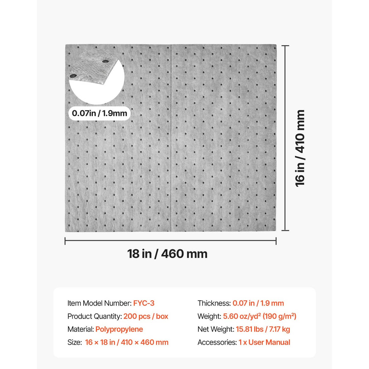 Gray absorbent pad with dotted pattern and labeled dimensions, 18 in x 14 in