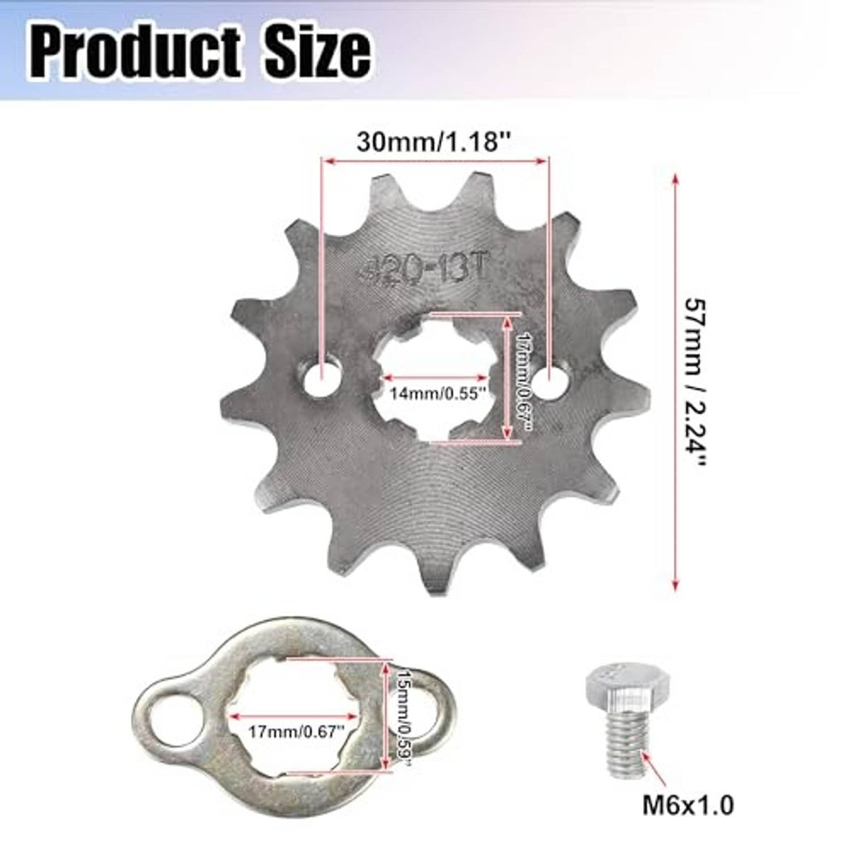 Front sprocket 420-13T size diagram with steel gear and retaining ring measurements