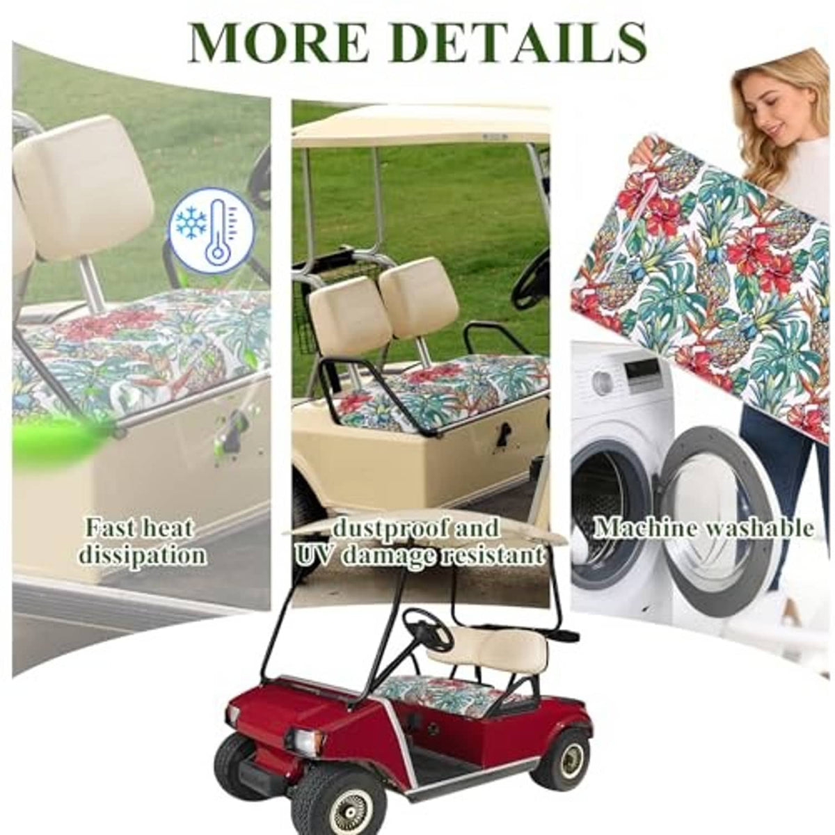 Golf cart seat cover blanket with multicolor tropical print, shown folded
