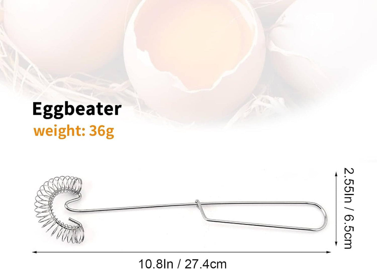 Stainless steel eggbeater whisk with spring coil and long flat handle, 10.8 in