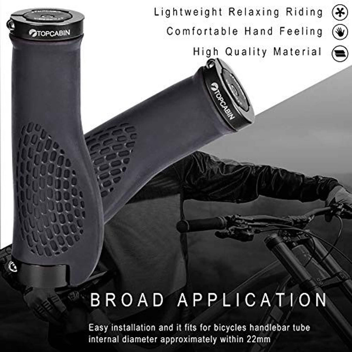 Black ergonomic bike grips mounted on handlebars with textured anti-slip surface
