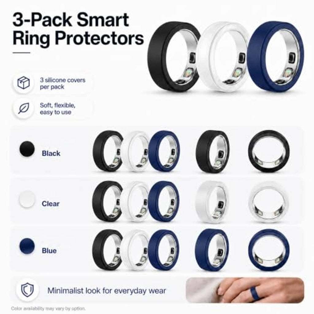 3-pack silicone ring covers: black, clear, and blue with clear windows