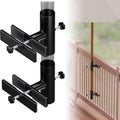 Adjustable black patio umbrella holder with railing clamp arms and mounting base.