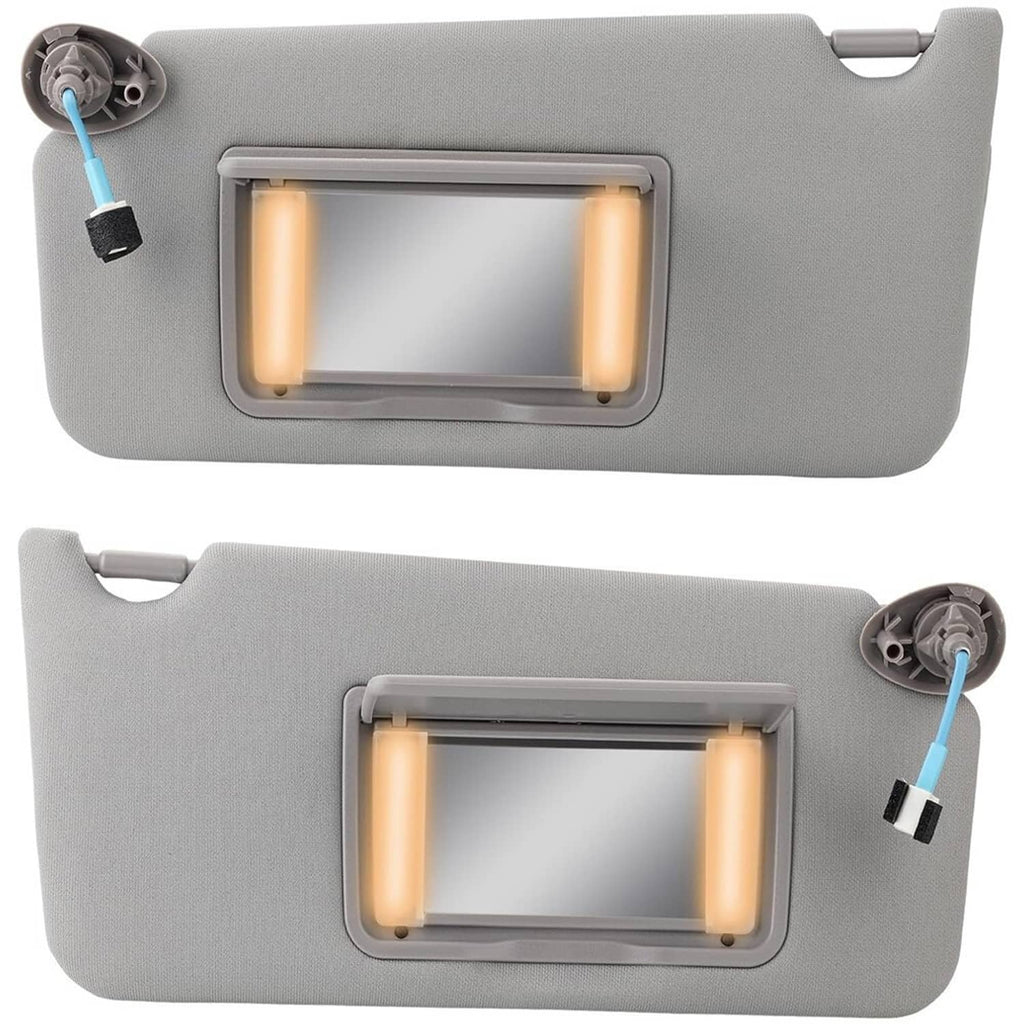 Gray car sun visors with built-in LED mirror windows, two-piece set