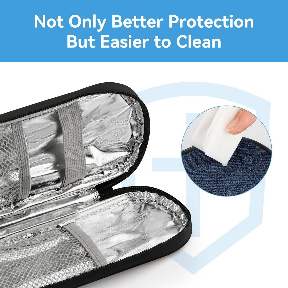 Indigo insulin cooler case open to silver foil insulation, easy-clean inner lining