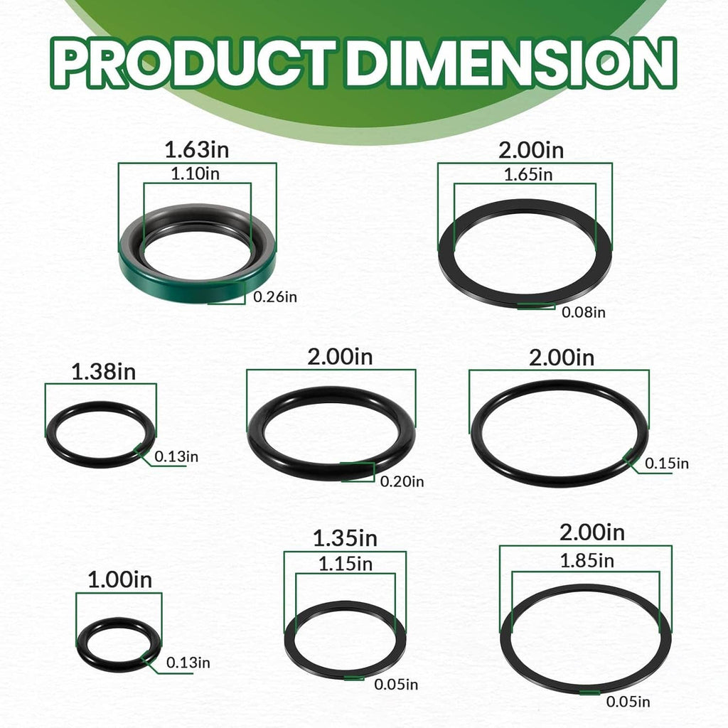 Cylinder seal ring set with various black O-ring sizes shown with measurements