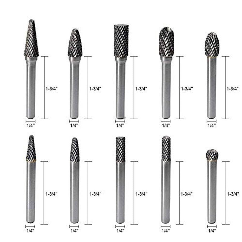 Tungsten carbide burr set with 1/4 in shanks and 1-3/4 in double-cut bits