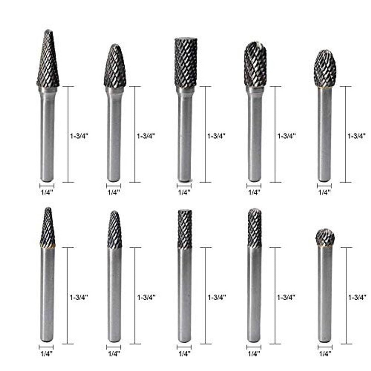 Tungsten carbide burr set with 1/4 in shanks and 1-3/4 in double-cut bits