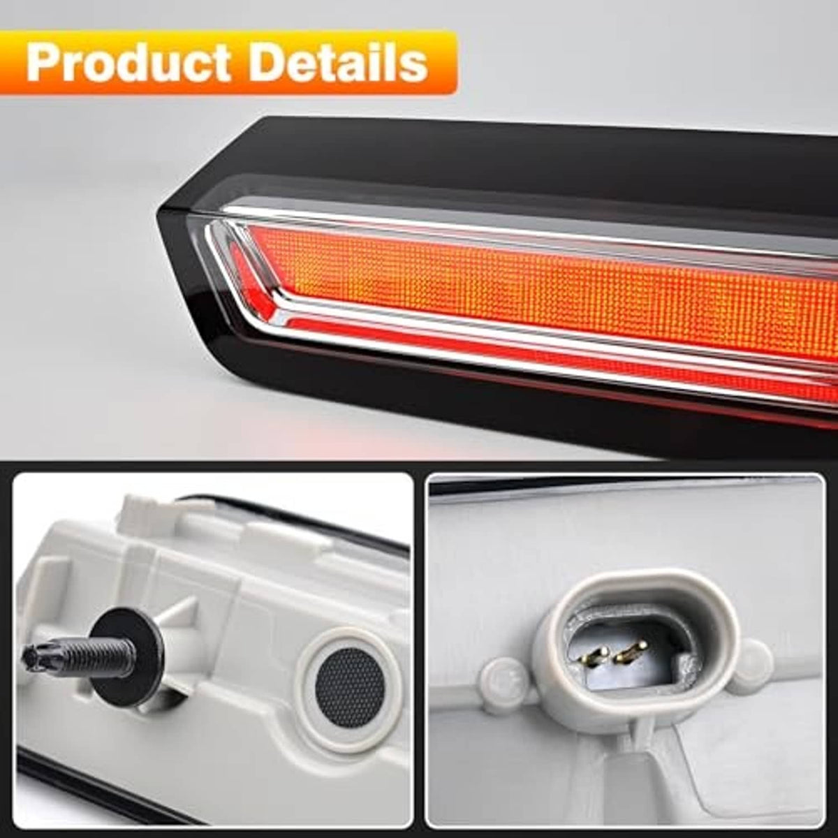 LED stop light with textured amber/red lens and rear connector detail