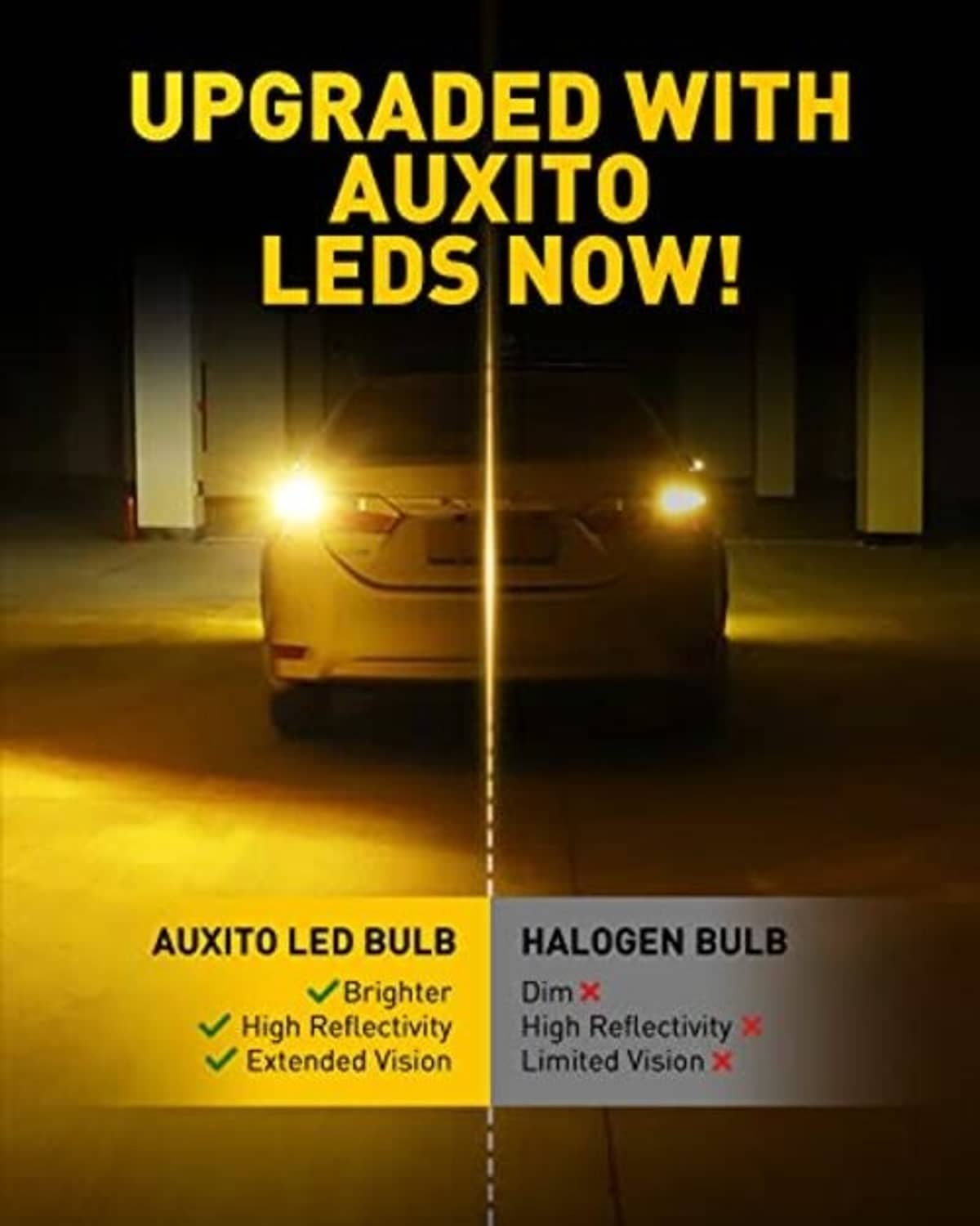Amber LED turn signal bulb producing bright amber light, shown for comparison