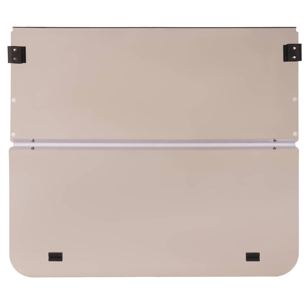 Tinted folding golf cart windshield panel with horizontal fold bar and corner brackets