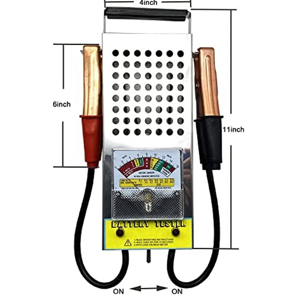 Battery tester with analog meter and battery holder, shown with overall size dimensions
