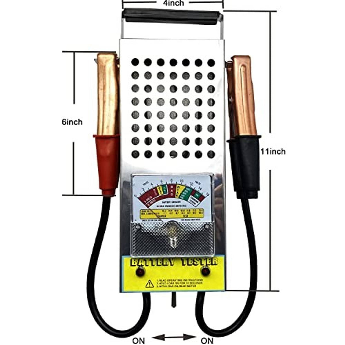 Battery tester with analog meter and battery holder, shown with overall size dimensions