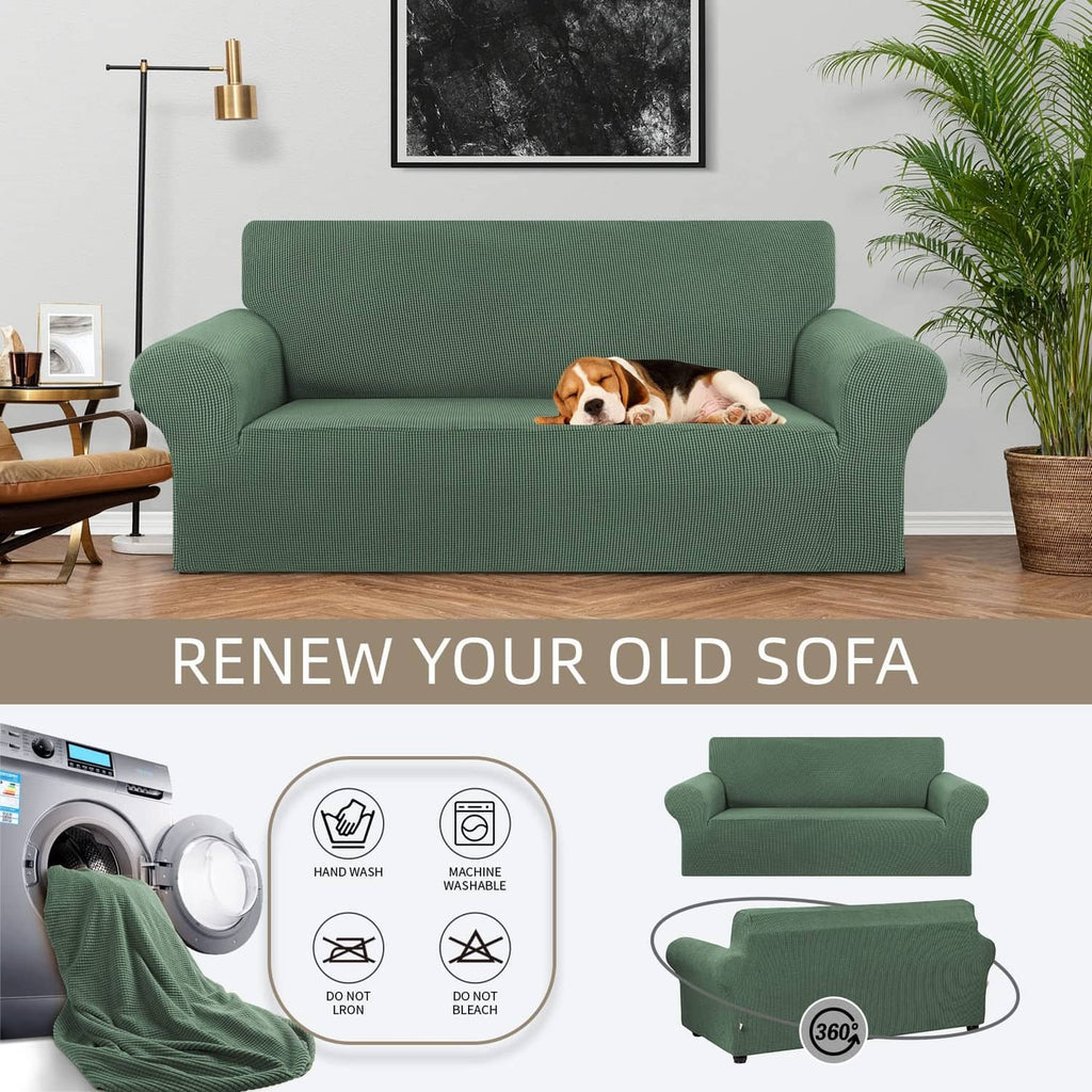 Greyish green stretch loveseat sofa slipcover with smooth seat and curved arms