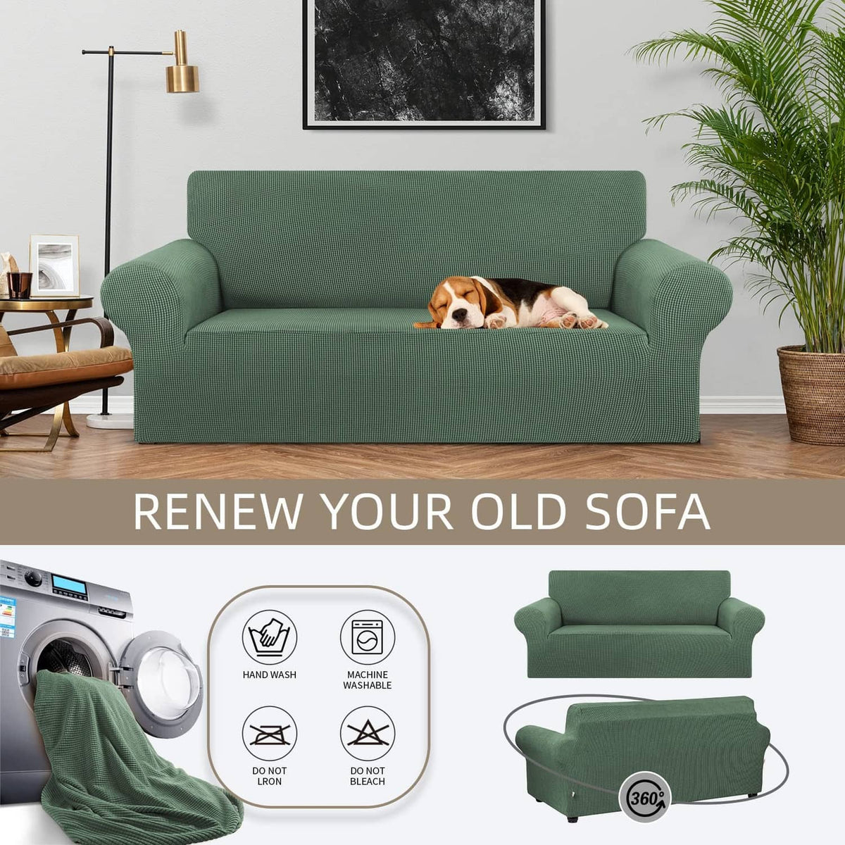 Greyish green stretch loveseat sofa slipcover with smooth seat and curved arms