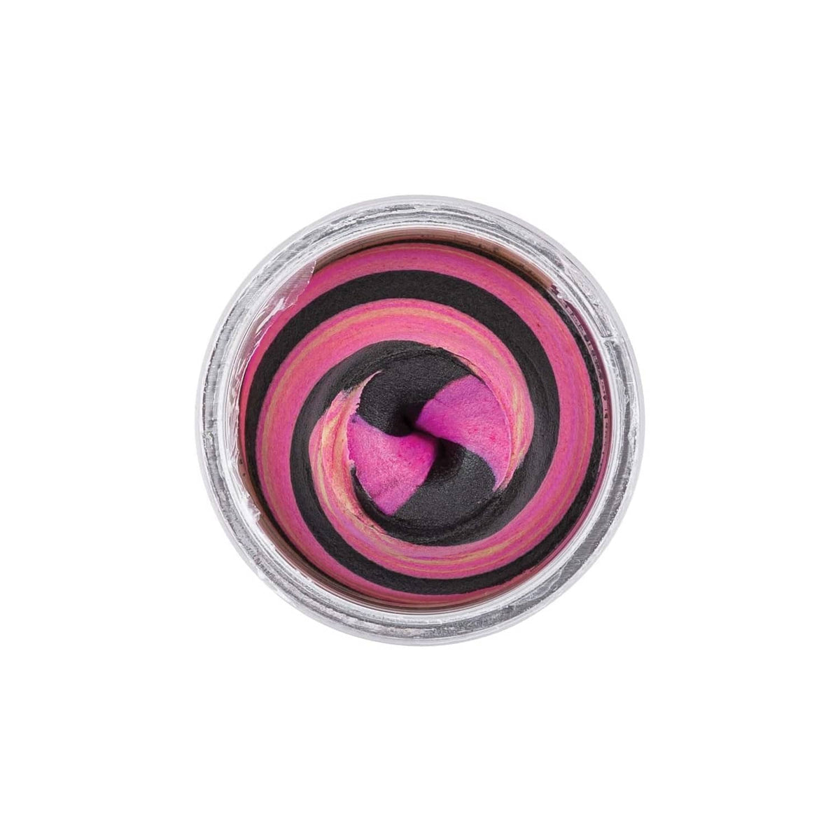 Round bait jar lid view, swirl of pink, magenta, and dark gray/black bait