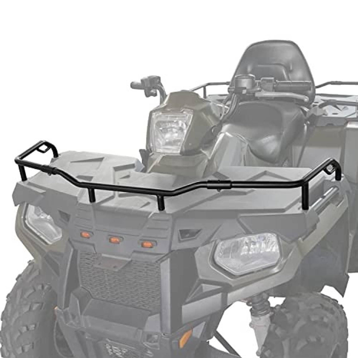 Front rack extender installed on ATV front, black tubular bar with mounting brackets