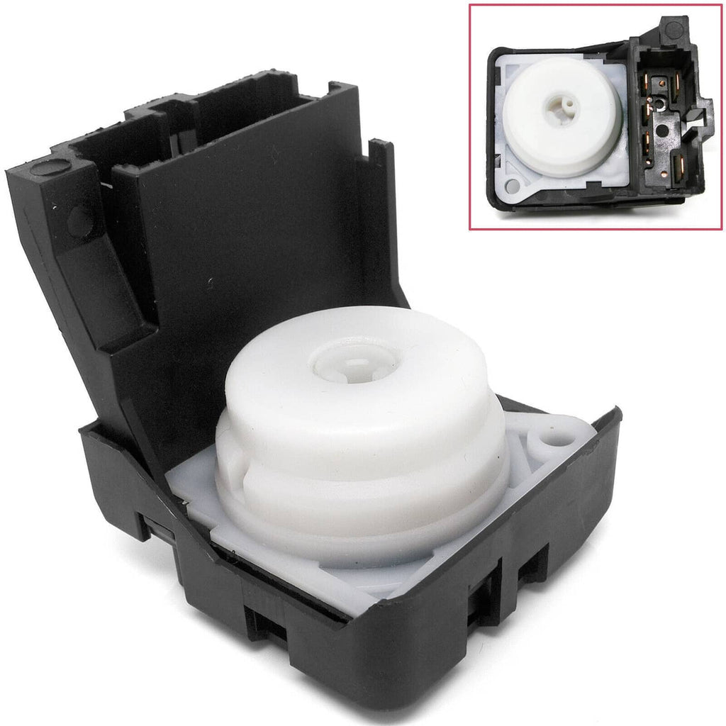 Ignition switch assembly with white actuator and black plastic housing, exposed contacts
