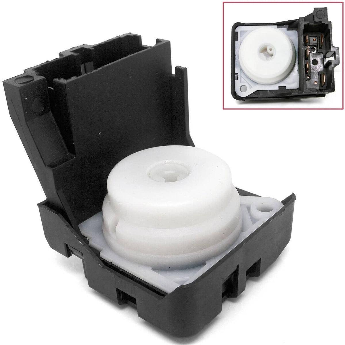 Ignition switch assembly with white actuator and black plastic housing, exposed contacts