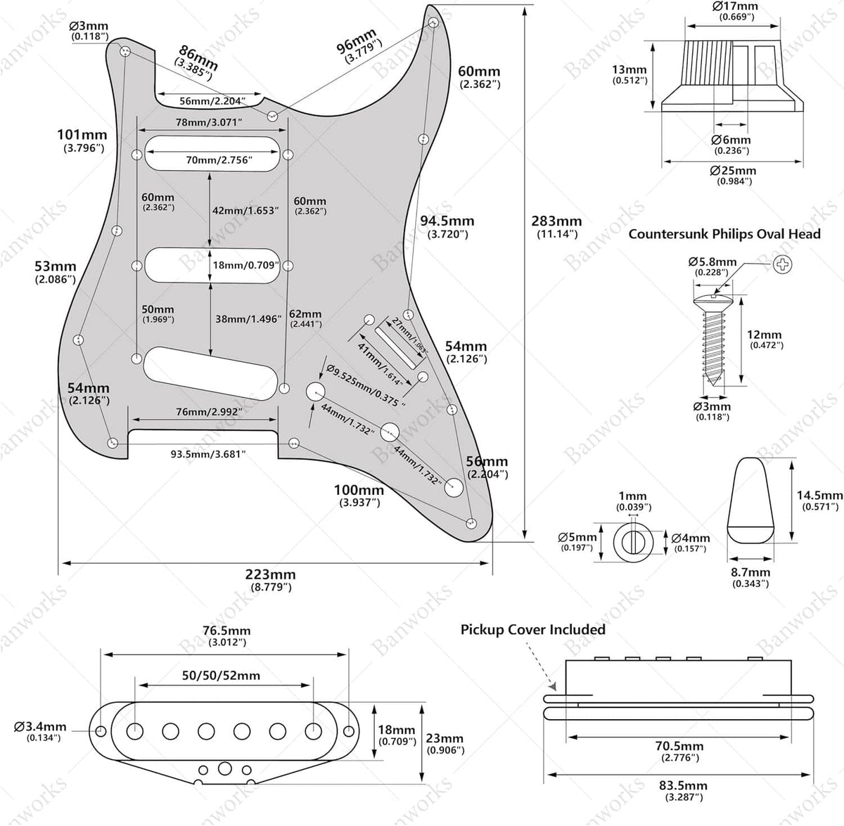 Loaded Stratocaster pickguard with dimensions for mounting holes and pickup cutouts