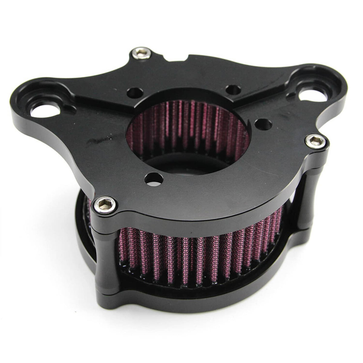 Black air cleaner intake filter housing with red/purple pleated cone filter insert