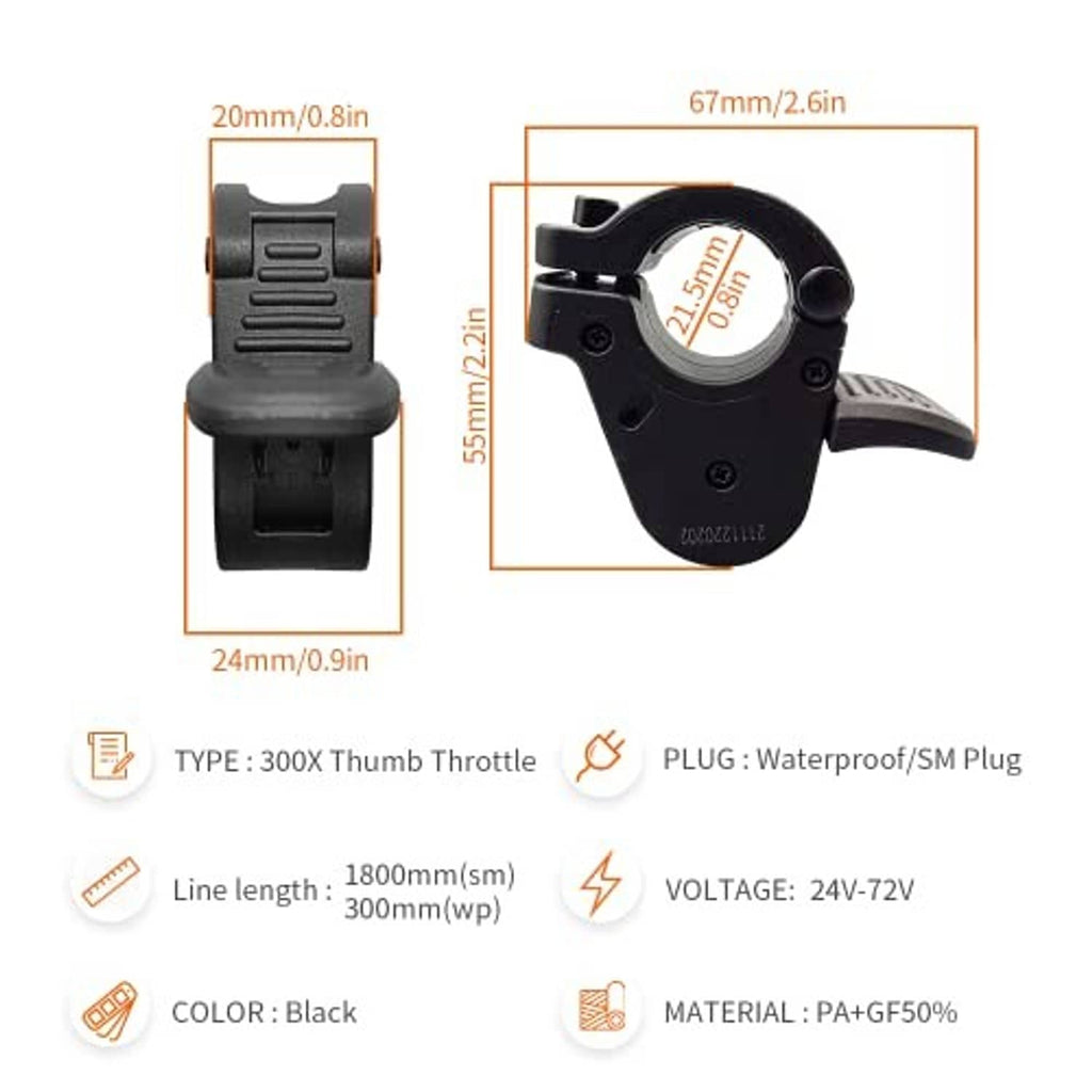 Black thumb throttle with mounting handle and waterproof 3-pin plug, labeled sizes