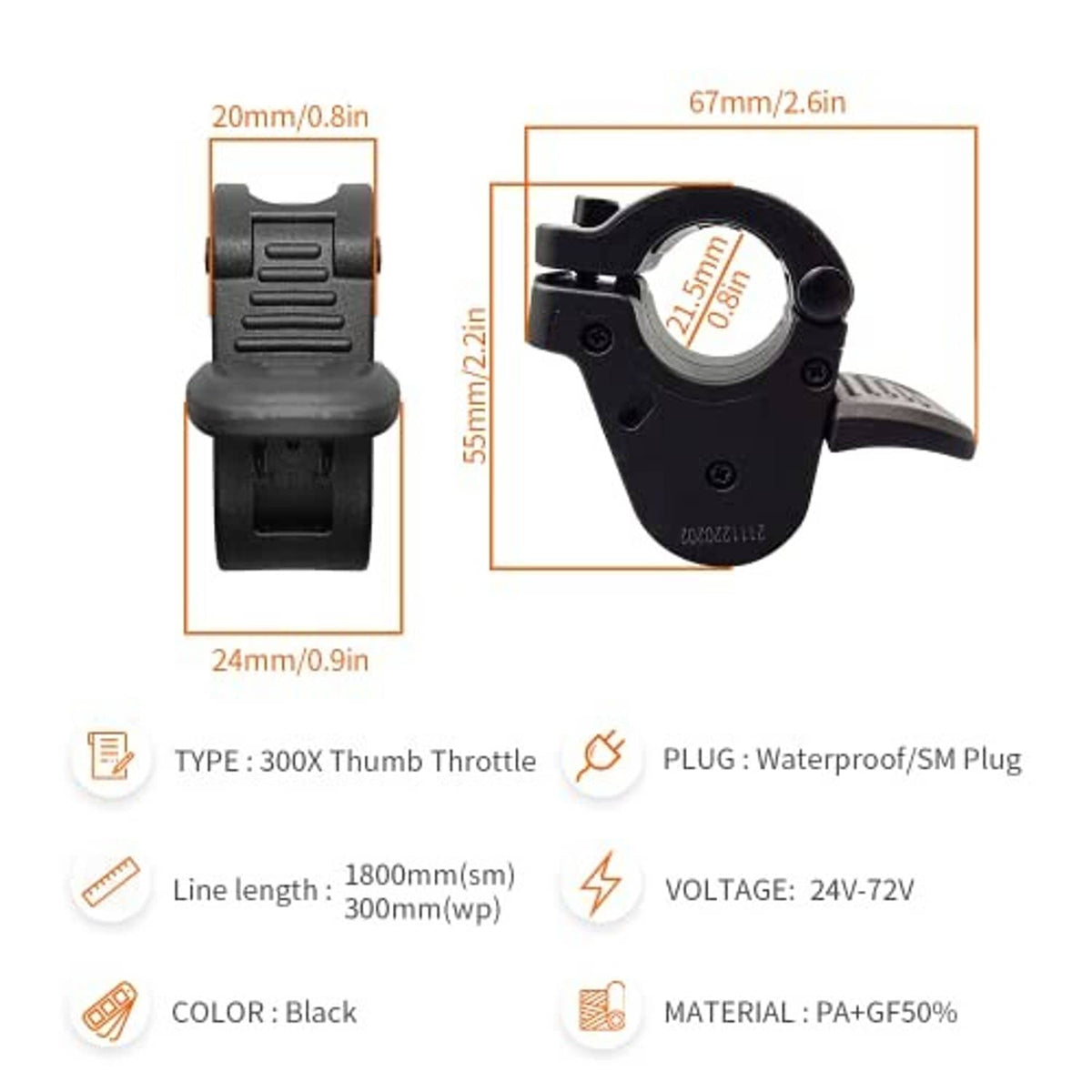 Black thumb throttle with mounting handle and waterproof 3-pin plug, labeled sizes