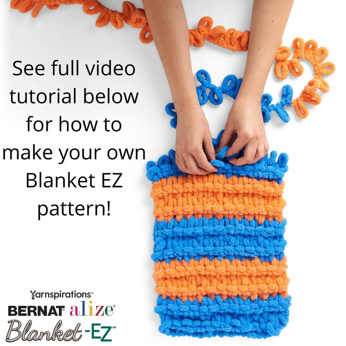Hands rolling a multicolor Blanket-EZ loop yarn blanket in orange, blue, and teal