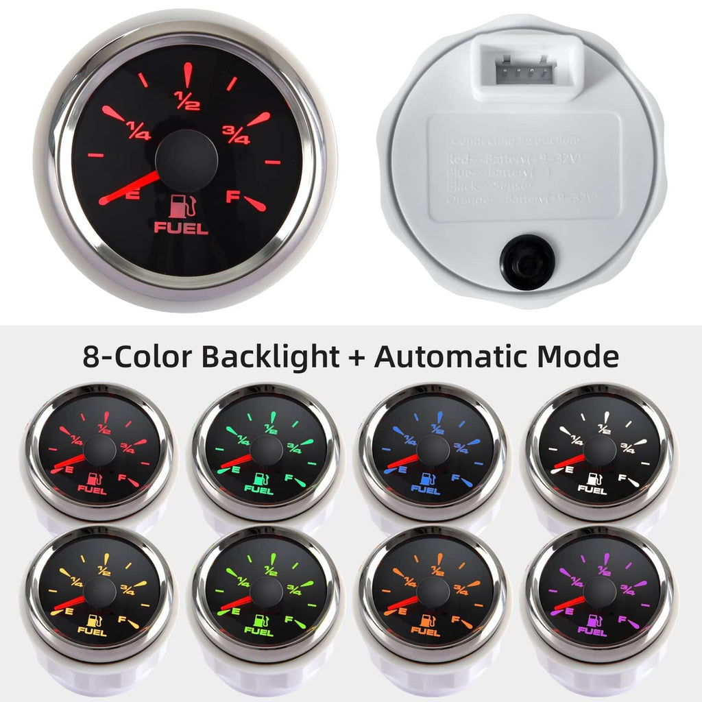 Fuel level gauge with chrome bezel, fuel needle, and backlight color options