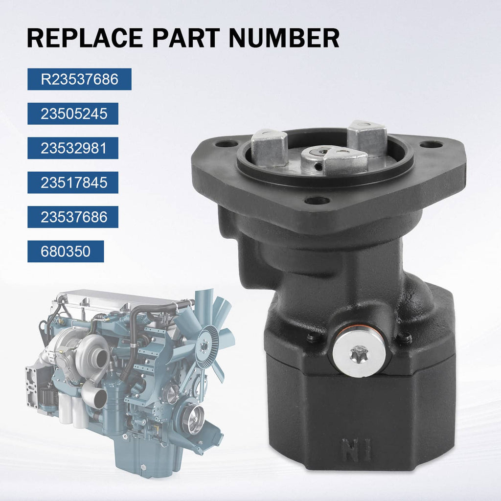 Fuel pump with black housing and top flange, close-up with parts diagram background