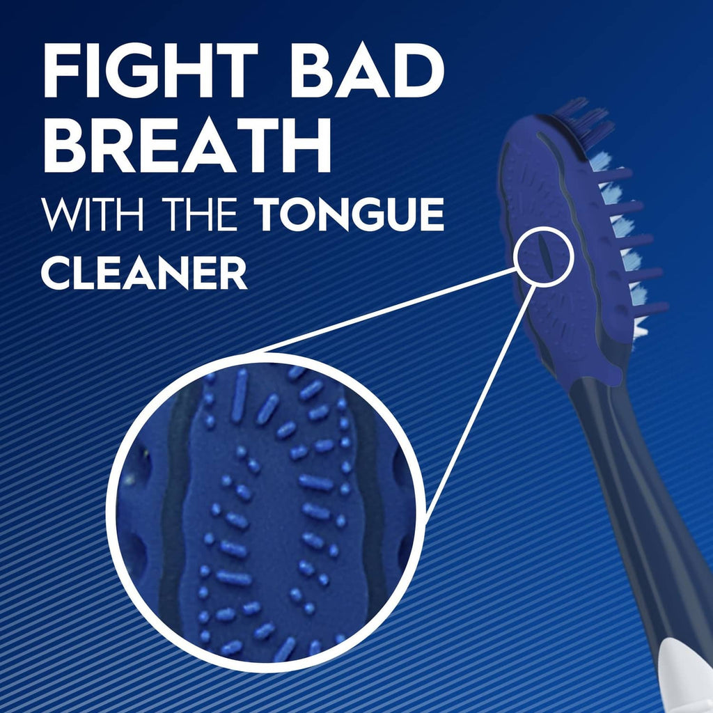 Toothbrush head with blue bristles and tongue-cleaning texture on back