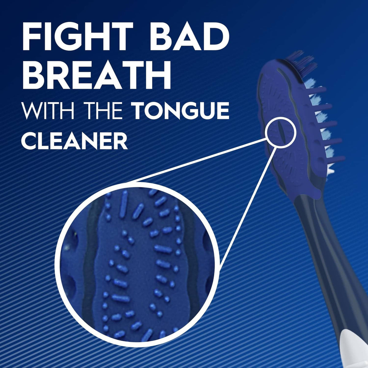 Toothbrush head with blue bristles and tongue-cleaning texture on back