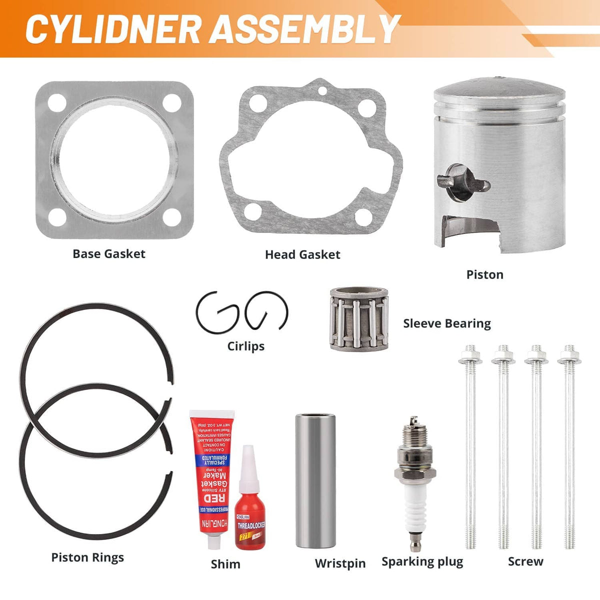 Cylinder rebuild components: gaskets, piston, sleeve bearing, circlips, rings, plug, and screws
