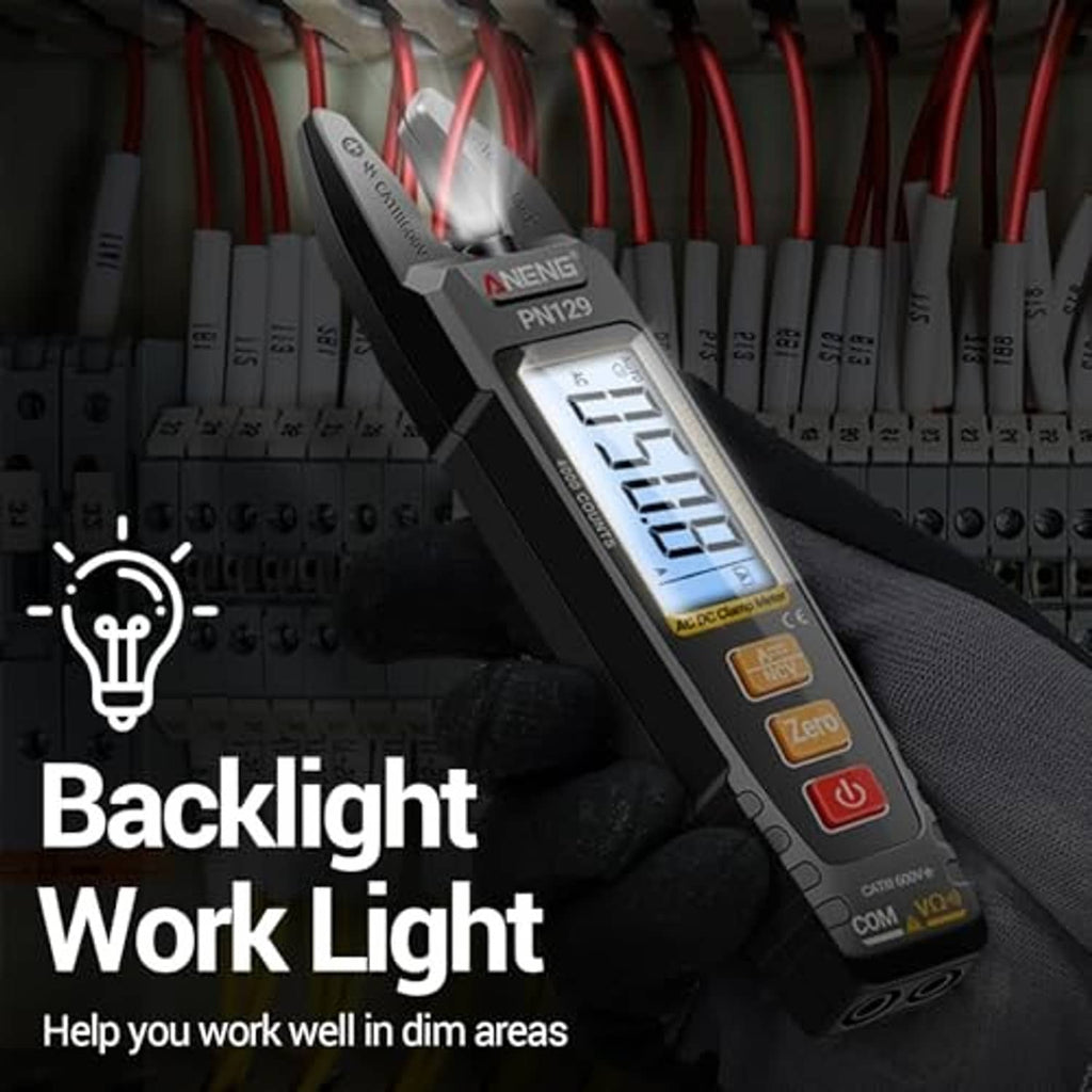 Clamp multimeter tester with backlit screen and probe leads on electrical terminal blocks