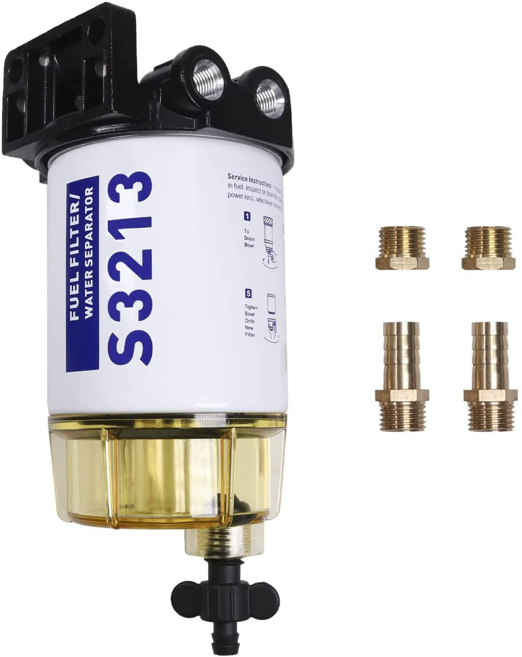 Marine fuel water separator filter with white canister, gold bowl, and black mounting bracket